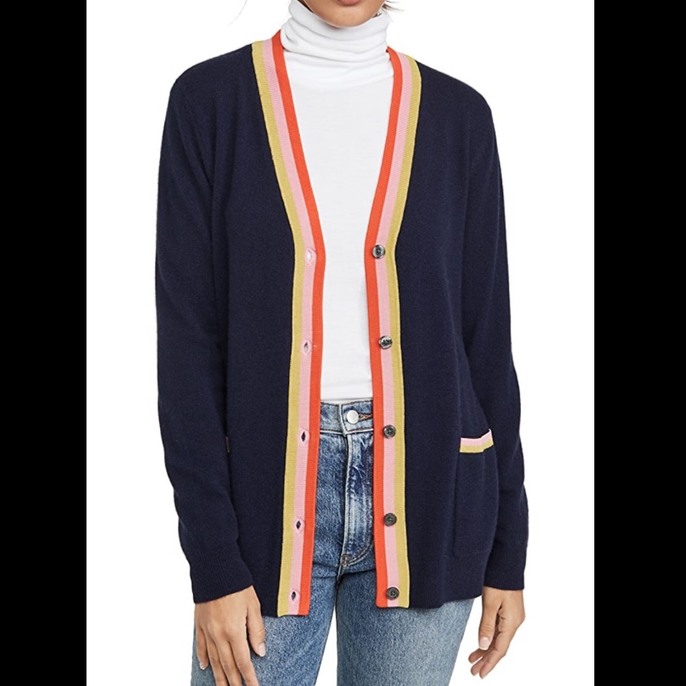 KULE Navy Cardigan with Colorful Stripes